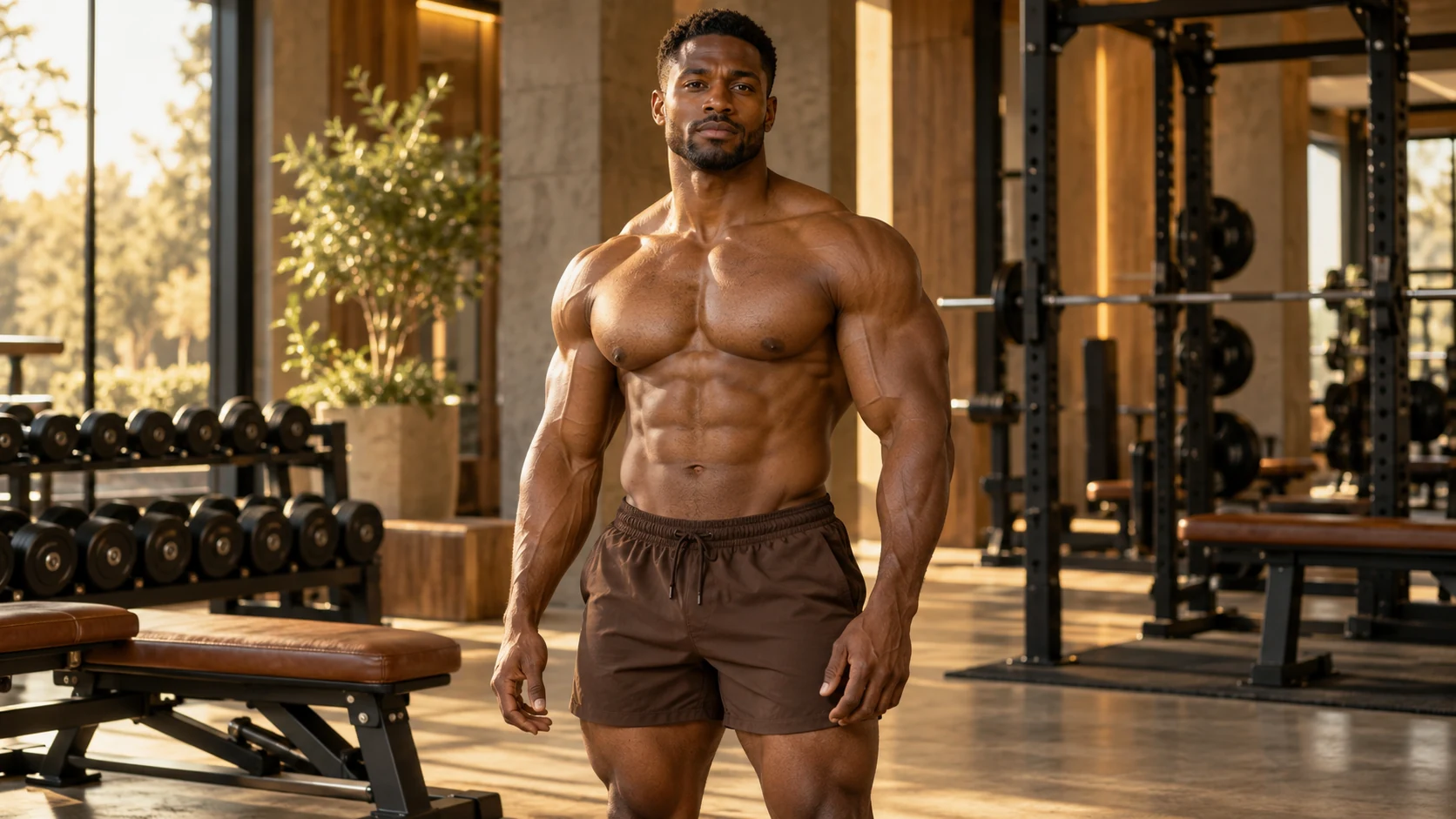Fictional adult male bodybuilder in a gym, an original fitness illustration for Muscle Byline
